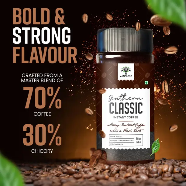 Vanalaya Southern Classic Instant Coffee With Chicory, Black Coffee Powder With Rich Aroma & Taste F