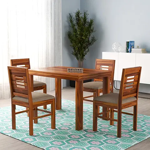 Solid Sheesham Wood 4 Seater Dining Set Dining Table Set with Cushioned Chairs